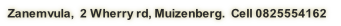 Zanemvula,  2 Wherry rd, Muizenberg.  Cell 0825554162 
